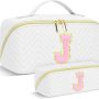 Travel Makeup Bag, Personalized Initial Preppy Makeup Bag Trendy Christmas & Birthday Gift for Teen Girls/Women, PU Leather Waterproof Portable Skincare Cosmetic Bag, Toiletries Makeup Bag Organizer - Image 1