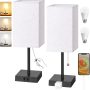 Bedside Table Lamp for Bedroom Nightstand, 3 Color Pull Chain Nightstand Lamps Set of 2 with AC Outlets, Square Gray Lampshade Bedside Lamp for Living Room, Office Desk, LED Bulb Included - Image 1