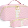 Travel Makeup Bag, Personalized Initial Preppy Makeup Bag Trendy Christmas & Birthday Gift for Teen Girls/Women, PU Leather Waterproof Portable Skincare Cosmetic Bag, Toiletries Makeup Bag Organizer - Image 1