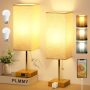 Bedside Table Lamp for Bedroom Nightstand, 3 Color Pull Chain Nightstand Lamps Set of 2 with AC Outlets, Square Gray Lampshade Bedside Lamp for Living Room, Office Desk, LED Bulb Included - Image 1