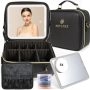 Makeup Organiser Case: Professional Cosmetic Artist Organiser with Large LED Mirror and Adjustable Brightness. Partitionable and Portable Train Case with extra Accessories (Black) - Image 1