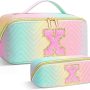Travel Makeup Bag, Personalized Initial Preppy Makeup Bag Trendy Christmas & Birthday Gift for Teen Girls/Women, PU Leather Waterproof Portable Skincare Cosmetic Bag, Toiletries Makeup Bag Organizer - Image 1