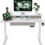 FEZIBO 55 x 24 Inch Height Adjustable Electric Standing Desk with Double Drawer, Stand Up Table with Storage Shelf, Sit Stand Desk with Splice Board, Black Frame/Rustic Brown Top - Image 1