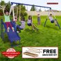 Sportspower Arcadia Metal Swing Set with Trapeze, 2 Person Glider Swing, 5' Double Wall Slide with Lifetime Warranty, and Bonus Anchor Kit, Great for Kids 3-8 - Image 1