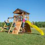 Endeavor Outdoor Playground Set w/ Elevated Clubhouse, Climbing Wall, Swing Set, Web Swing, and Gray Wave Slide - Image 1