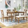 6-Piece Rectangular Natural Cherry Wooden Dining Table Set with 4 Fabric Chairs and Bench - Image 1