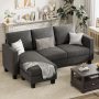 3 Seat L-Shaped Sofa With Linen Fabric Sectional Sofa Couch Movable Ottoman - Image 1