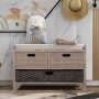 32 in. White Washed Storage Bench with Removable Basket, 2-Drawers, Fully Assembled Shoe Bench with Removable Cushion - Image 1
