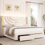 Homfa Full Size LED Bed Frame with 2 Drawer Storage, Wingback Platform Bed with Velvet Upholstered Headboard, Black - Image 1