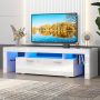 UHOMEPRO TV Stand for TV up to 80", High Gloss Entertainment Center with RGB LED Lights and Storage Shelves, Black Media Console for Living Room - Image 1