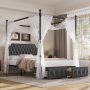Homfa Full Size Upholstered Canopy Bed Frame for Bedroom, 2 Storage Drawers Platform Bed, Canopy Bed Curtain Not Included, Beige - Image 1