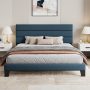 Sha Cerlin King Size Platform Bed Frame with Upholstered Fabric Headboard, Blue - Image 1