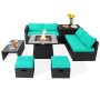 9 Pieces Outdoor Wicker Sectional with 35 Inch Gas Fire Pit Table - Turquoise - Image 1