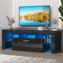 UHOMEPRO TV Stand for TV up to70'', High Gloss Entertainment Center with RGB LED Lights and Storage Shelves, Black Media Console for Living Room - Image 1