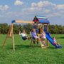 Bay Pointe Kid's Outdoor Playground Set PlaySet w/ Raised Deck, Swing Set, Blue Wave Slide, and Climbing Wall - Image 1