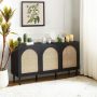 Mercury Contemporary 56 in. Wide Rattan 3-Doors Oak Storage Sideboard with adjustable legs and Shelves-Black - Image 1