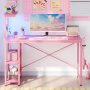 44 in. Rectangular Pink Carbon Fiber Gaming Desk with RGB LED Lights Computer Desk with 4-Tier Storage Shelves and Hook - Image 1