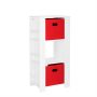 17.38 in. Wide Painted Finish Kids Bookshelf and Toy Organizer Tower 3-Cubbies, 6-Bookracks with Optional 2-Piece Bins (White/Red Bins) - Image 1