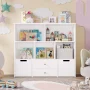 Homfa Kids Toy Storage Organizer, 5 Cubby Children Bookcase and Bookshelf with 4 Drawer on Wheels for Playroom, White - Image 5