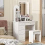 5-Drawers White Makeup Vanity Sets Dressing Table Sets With Stool, Mirror, LED Light and 3-Tier Storage Shelves - Image 2