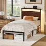 GUNAITO Twin Size Bed Frame with Headboard Metal Platform Bed with LED Lights and Charging Station Rustic Brown - Image 5