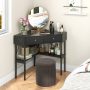 Triangle Corner Desk with Charging Station with 2 Drawers and Storage Shelf - Black - Image 1