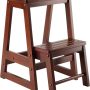 Walnut Wooden Folding Step Stool Seat 2 Tier Platform Ladder Kitchen Office Home - Image 1