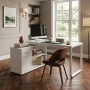 55.1" W : L-Shaped White Finish 1-Drawer Wooden Commercial Writing Desk with Open Shelves and Eco-Friendly Paint Finish - Image 1