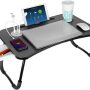 Laptop Bed Table with USB, VLikeze Foldable Lap Desk for Bed, Portable Breakfast Tray Table Reading Holder for Sofa Floor Writing Eating Working (Black) - Image 1