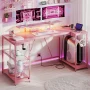 Bestier 63" Gaming Desk with LED Lights, U-Shaped Computer Desk with Outlets & Monitor Stand, Home Office Desk with Storage Shelves in Pink - Image 2