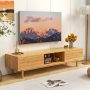 63 Inches Mid Century Modern Bamboo TV Stand with Sliding Doors - Image 5