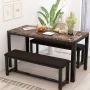 LTTROMAT Dining Table Set for 4, Faux Marble Kitchen Table Set with 2 PU Leather Benches, Breakfast Nook Set for Small Spaces, 3 Piece Farmhouse Dining Room Table Set, Rustic Brown - Image 4