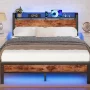 Furnulem Queen Bed Frame with LED Lights,Industrial Storage Headboard with Charging Station,USB Port,Under Bed Storage,Wood Platform with Strong Metal Support,No Box Spring Needed - Image 1