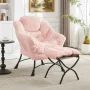 PAPROOS Lazy Chair with Foldable Ottoman, Flannelette Fabric Accent Chair and Footrest Stool Set, Comfy Lounge Arm Chair with Footstool Set, Reading Chair Leisure Sofa Chair for Living Room, Pink - Image 2