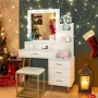 Ktaxon Vanity Table Set with Lighted Mirror, Makeup Table with 4 Drawers, Dressing Vanity Tables, Dresser Desk for Girls, Women, White - Image 1