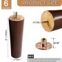 6 Inches Round Solid Wood Furniture Legs Set of 4 Brown Wooden Replacement Feet - Image 2
