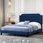 Queen Size Velvet Platform Bed with Button Tufted and Nailhead Trim Headboard - Image 1