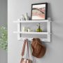 29 in. W White MDF 2-Tier Floating Decorative Wall Shelf with Hooks and Ledges - Image 3