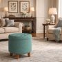 HomePop by Kinfine Fabric Upholstered Round Storage Ottoman - Button Tufted Ottoman with Removable Lid, Teal Woven - Image 4