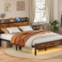 Furnulem Queen Bed Frame with LED Lights,Industrial Storage Headboard with Charging Station,USB Port,Under Bed Storage,Wood Platform with Strong Metal Support,No Box Spring Needed - Image 4