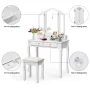 Gymax Bedroom Tri Folding Mirror Vanity Makeup Table Stool Set White - Image 5
