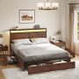 GUNAITO Queen Size Bed Frame with Headboard Storage Bed frame with 4 Drawers LED Platform Bed Frame with Charging Station Rustic Brown - Image 2