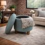 HomePop by Kinfine Fabric Upholstered Round Storage Ottoman - Button Tufted Ottoman with Removable Lid, Teal Woven - Image 5