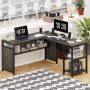 FATORRI L Shaped Desk, Industrial Reversible Home Office Computer Desk with Wood Shelves, Corner Desks with Metal Legs (Walnut Brown, 59 Inch) - Image 6