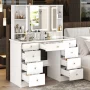White Makeup Vanity Desk 9 Drawers Wood Dressing Table With 3 Mirrors, Glass Top, Hidden Storage Shelves, LED Lighted - Image 3
