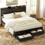 GUNAITO Full Bed Frame with Storage Headboard Platform Bed Frame with 2 Drawers Metal Bed with Charging Station, Dark Brown - Image 2