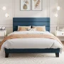 Amolife Full Bed Frame, Platform Bed Frame with Fabric Upholstered Headboard, Navy Blue - Image 4