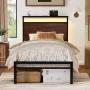 GUNAITO Twin Size Bed Frame with Headboard Metal Platform Bed with LED Lights and Charging Station Rustic Brown - Image 2