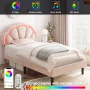 Homfa LED Bed Frame, Twin Size Velvet Upholstered Platform Bed with Adjustable Headboard, Lights Seashell Bed, Off-White - Image 3
