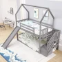 EUROCO Twin House Bunk Bed with Staircase for Kids Teens Bedroom, Solid Wood Bunk Bed with Storage, Gray - Image 3
